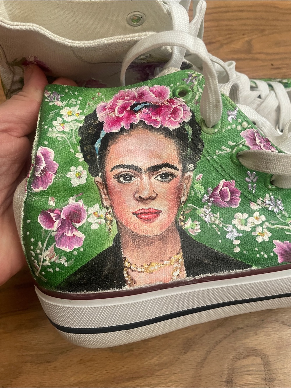 Hand-Painted Green Floral High-Top Sneakers with White Accents - Picture 6 of 8